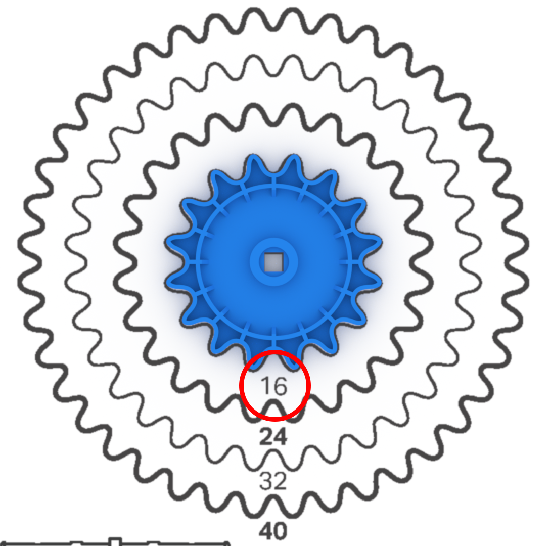 Illustrazione di una ruota dentata a 16 denti utilizzata nella robotica VEX, che ne mostra il design e le dimensioni, pertinente alle risorse didattiche nella sezione Righelli VEX.
