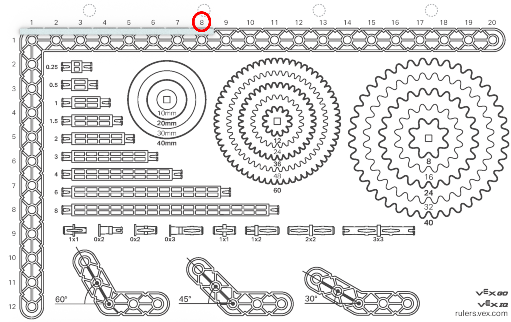 Diagramma che illustra come misurare un albero con passo 8x utilizzando un righello a trave, parte delle risorse didattiche VEX Rulers.