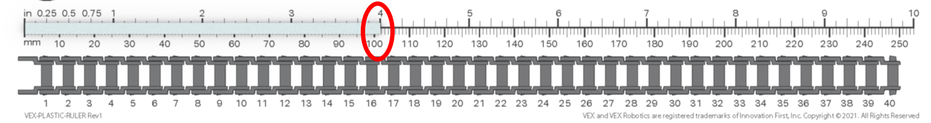 Immagine di un righello che misura un albero con passo 8x, che illustra il processo di misurazione a scopo didattico nella sezione Righelli VEX.