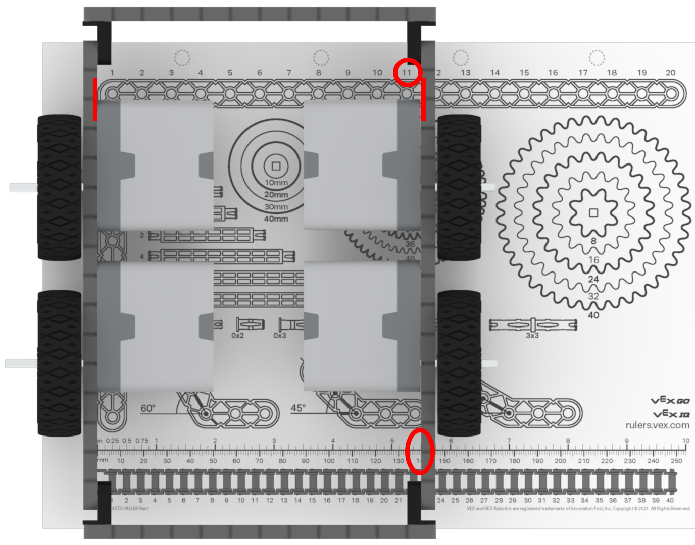 VEX šasijas diagramma ar marķētiem komponentiem, kas ilustrē struktūru un dizainu izglītības nolūkos robotikā.