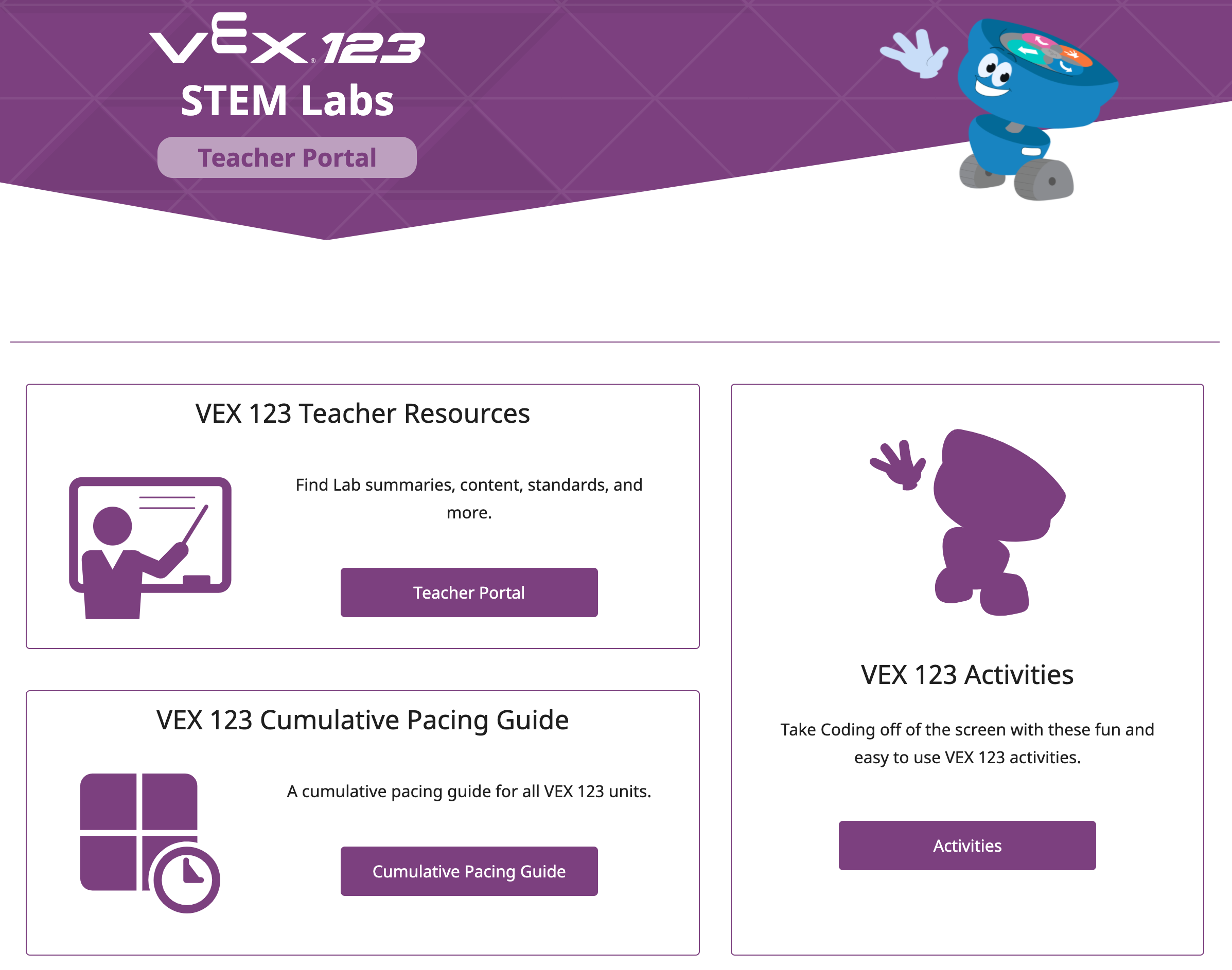 VEX 123 शिक्षक पोर्टल इंटरफ़ेस का स्क्रीनशॉट, जो कक्षा में शिक्षण और सीखने के अनुभव को बढ़ाने के लिए शिक्षकों के लिए उपकरण और संसाधनों को प्रदर्शित करता है।