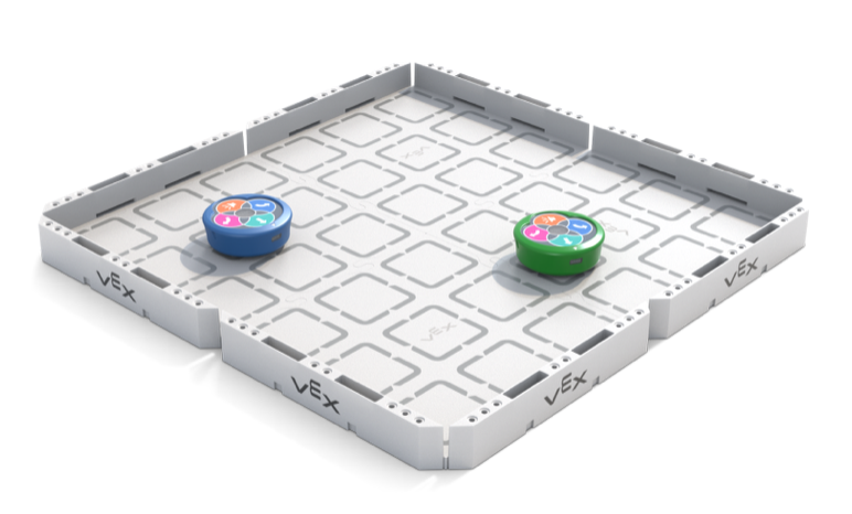 Ilustração do layout de campo do VEX 123 mostrando várias atividades educacionais e equipamentos para ensinar conceitos de robótica em um ambiente de sala de aula.