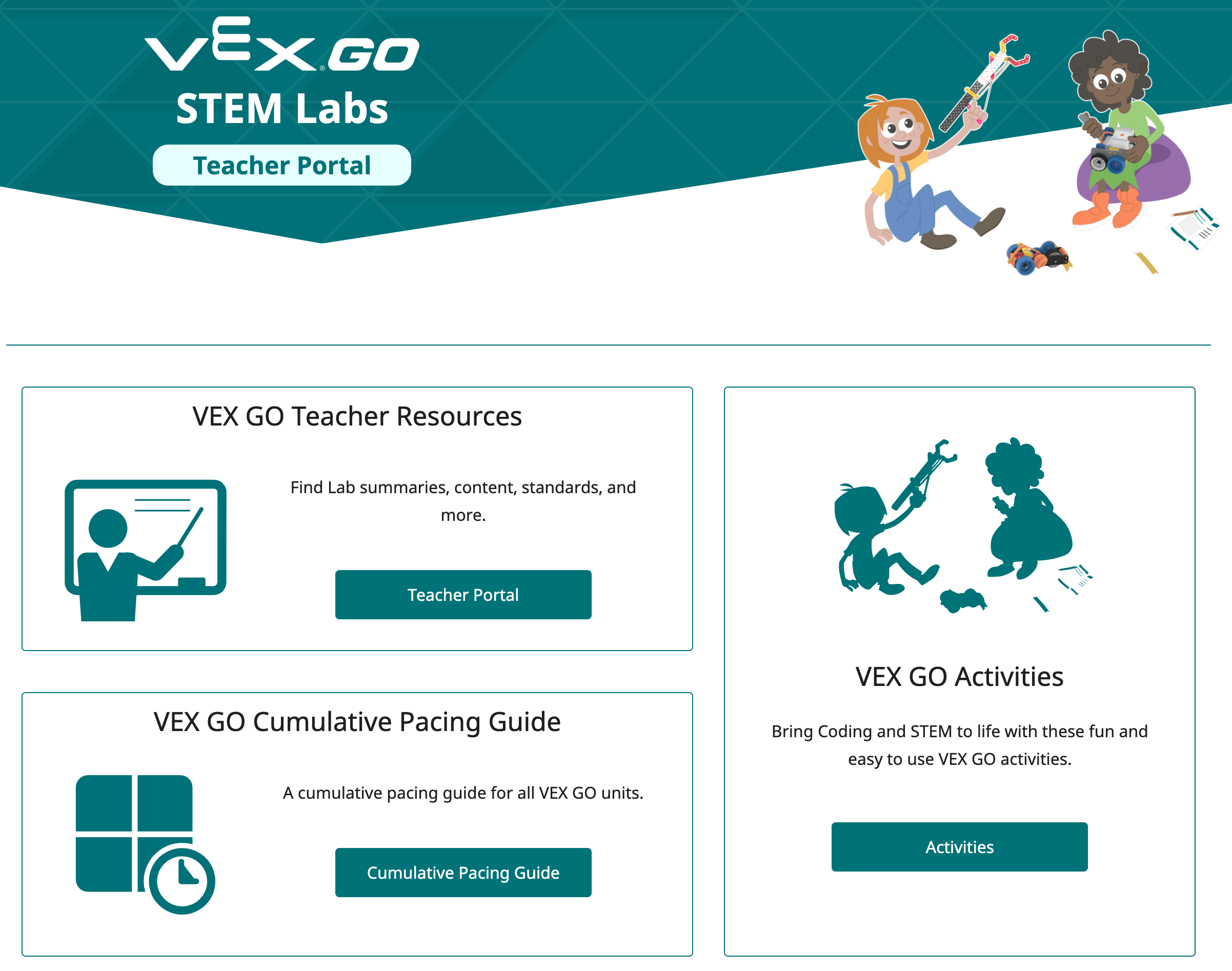 VEX GO skolotāju portāla saskarnes ekrānuzņēmums, kurā parādīti rīki un resursi pedagogiem, lai uzlabotu mācīšanas un mācīšanās pieredzi robotikas izglītībā.