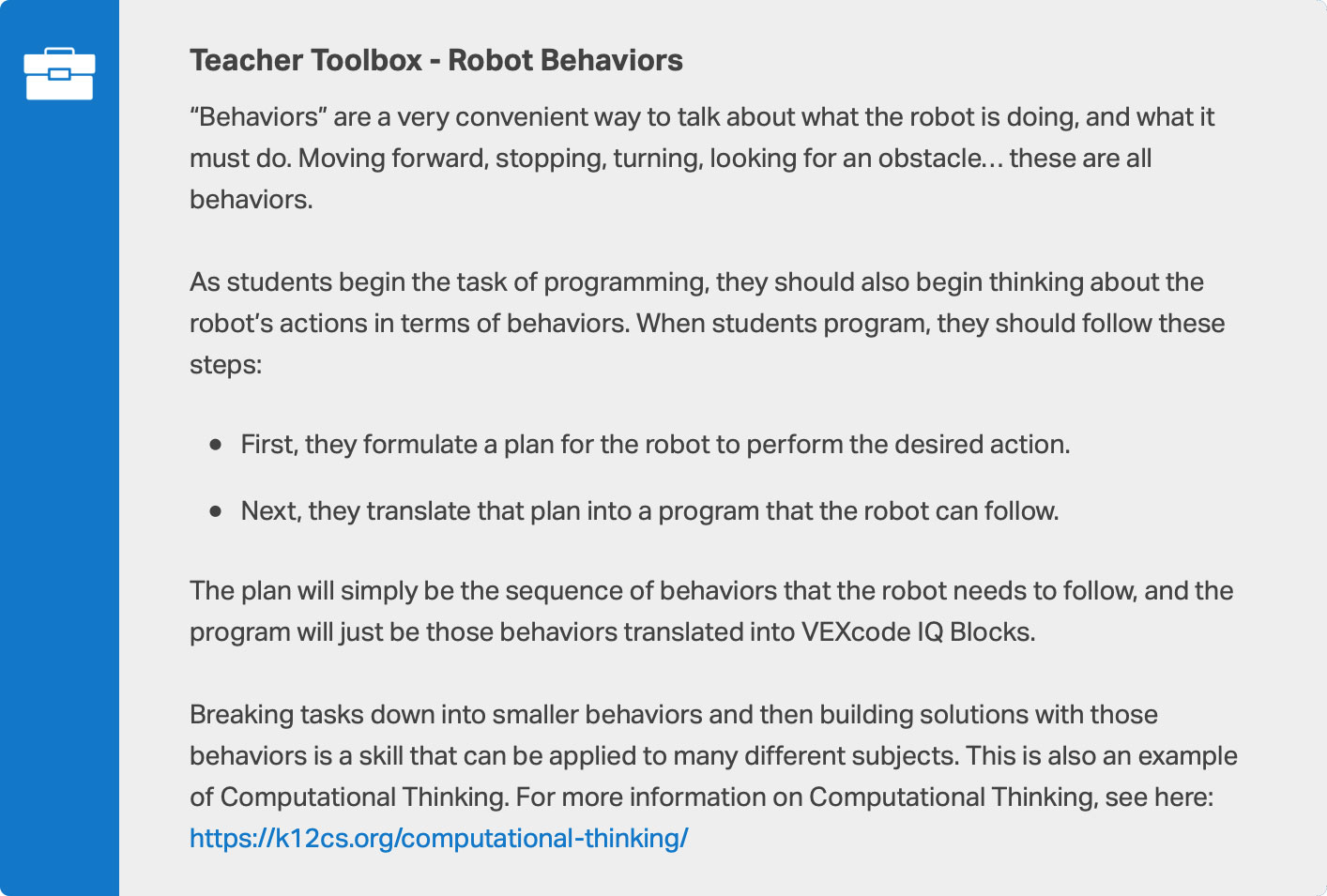 Captura de pantalla de una interfaz de programación VEX IQ, que muestra varios bloques de codificación y opciones para que los educadores enseñen conceptos de robótica de manera efectiva en el aula.
