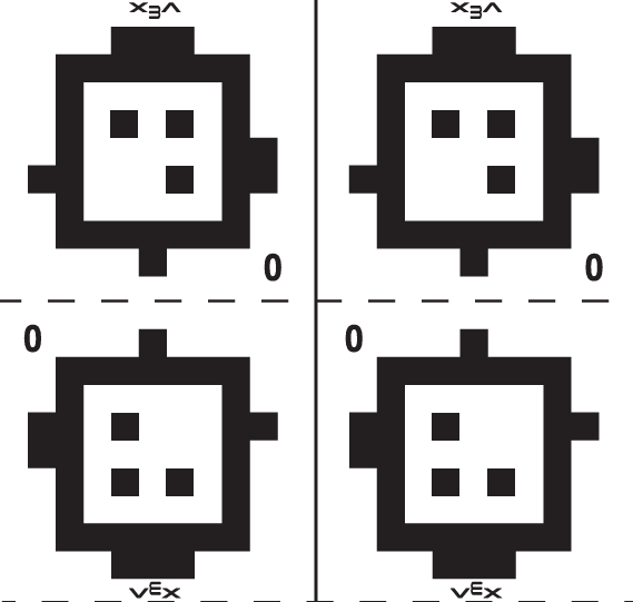 2x2 ग्रिड में व्यवस्थित चार काले और सफेद अप्रैलटैग मार्करों का एक सेट प्रदर्शित करता है। प्रत्येक मार्कर में एक वर्गाकार बॉर्डर होता है, जिसमें छोटे वर्गों और बिंदुओं का एक विशिष्ट आंतरिक पैटर्न होता है, जिसका उपयोग रोबोटिक्स प्रणालियों द्वारा दृश्य पहचान के लिए किया जाता है। एक बिंदीदार रेखा छवि के ऊपरी और निचले हिस्सों को अलग करती है, तथा निचले और ऊपरी हिस्सों के प्रत्येक तरफ शून्य छपा होता है।