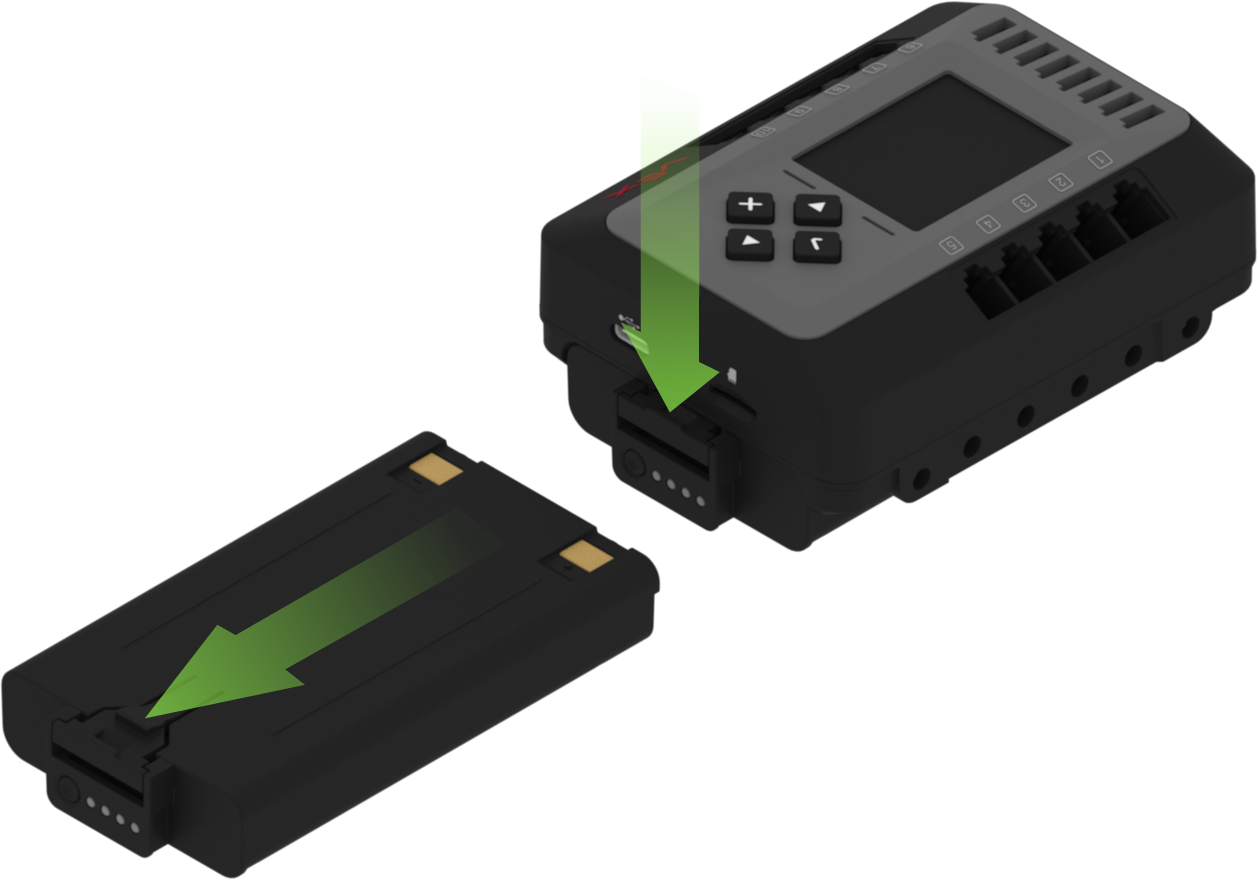 Il diagramma mostra i due passaggi per rimuovere la batteria dall'EXP Brain. Il primo passaggio presenta una freccia che punta verso il fermo della batteria, per indicare che è necessario premerlo verso il basso. Il secondo passaggio mostra la batteria che fuoriesce dal cervello.