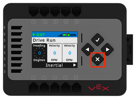Er wordt een hersenscan getoond waarin het Drive-programma wordt uitgevoerd, waarbij sensorinformatie in realtime wordt gerapporteerd terwijl de bestuurder rijdt. De X-knop is gemarkeerd.