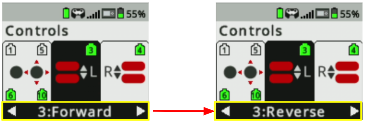 Het hersenscherm wordt weergegeven in het menu Bediening, waarbij de Motor voor de L-as is geselecteerd. Op twee schermafbeeldingen is te zien dat de draairichting van de motor verandert van Vooruit naar Achteruit.
