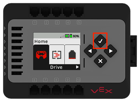 Brain acceso con lo schermo che mostra il menu Home e con l'opzione Drive selezionata. Il pulsante Controlla è evidenziato.