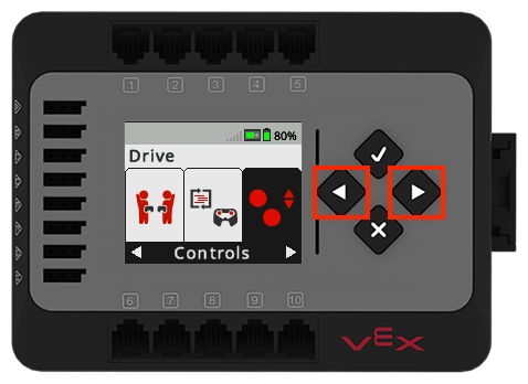 Obrazovka Brain se zobrazuje v nabídce programu Drive s vybranou možností Controls (Ovládání). Možnost Ovládací prvky je čtvrtou možností v nabídce Pohon. Levé a pravé tlačítko jsou zvýrazněna.