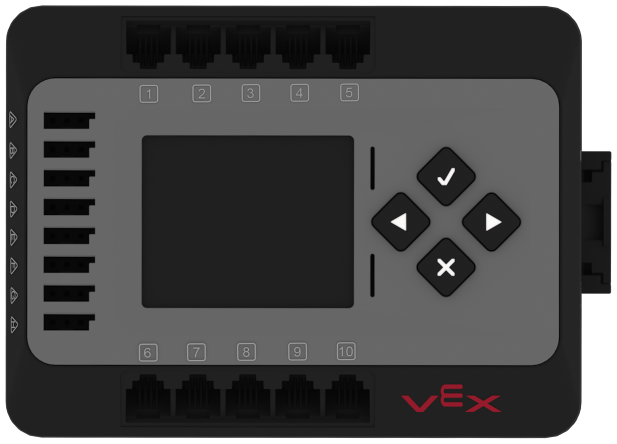 EXP Brain wird von vorne gezeigt, mit 10 Port-Symbolen, die seine Smart Ports anzeigen. Die Anschlüsse sind auf der Oberseite des Gehirns von 1 bis 5 und auf der Unterseite von 6 bis 10 nummeriert.