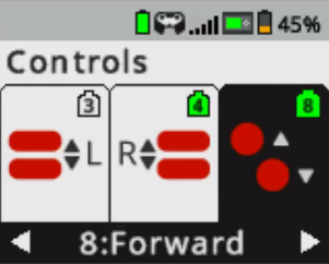 La pantalla del cerebro se muestra en el menú Controles con dos motores conectados. Los motores conectados están indicados por íconos de puerto verdes y, en este ejemplo, los motores están conectados a los puertos 4 y 8.