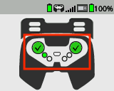 Dopo la calibrazione, la schermata Brain viene visualizzata nel menu Calibra. C'è uno schema del controller con un segno di spunta verde per ogni joystick e il pulsante Su evidenziato.