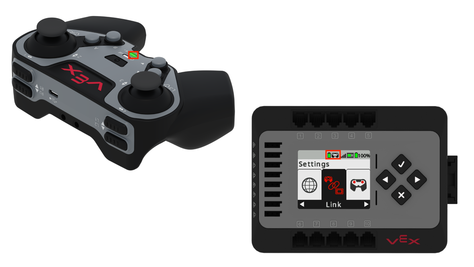 Der Controller befindet sich neben einem Gehirn und ist mit diesem verbunden. Zwei Merkmale werden hervorgehoben: die Kontrollleuchte des Controllers und das Controller-Symbol auf dem Brain-Bildschirm.
