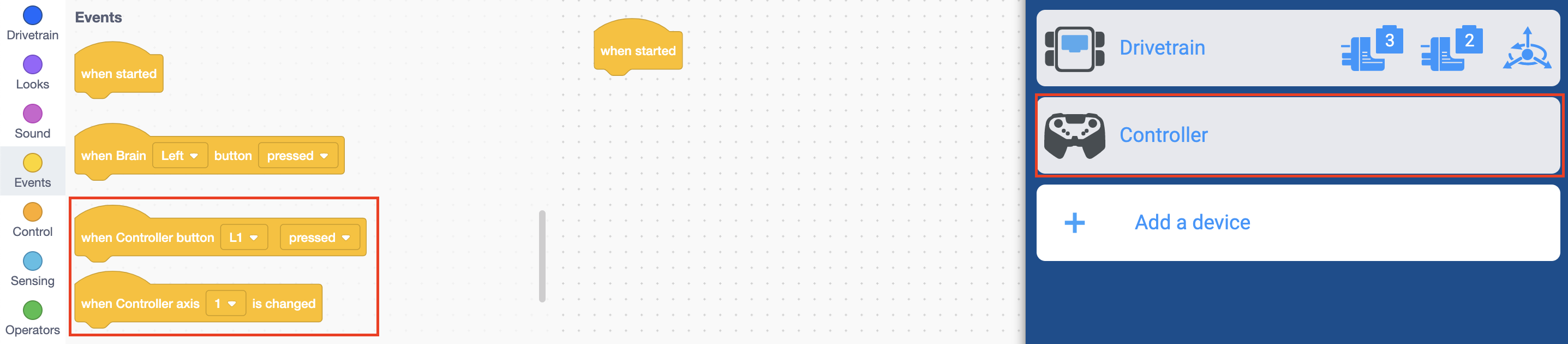 Capture d'écran de VEXcode EXP avec le menu Appareils ouvert. Le contrôleur connecté est répertorié et mis en évidence dans le menu Appareils. La boîte à outils des blocs est ouverte et les blocs d'événements d'entrée du contrôleur sont mis en surbrillance.