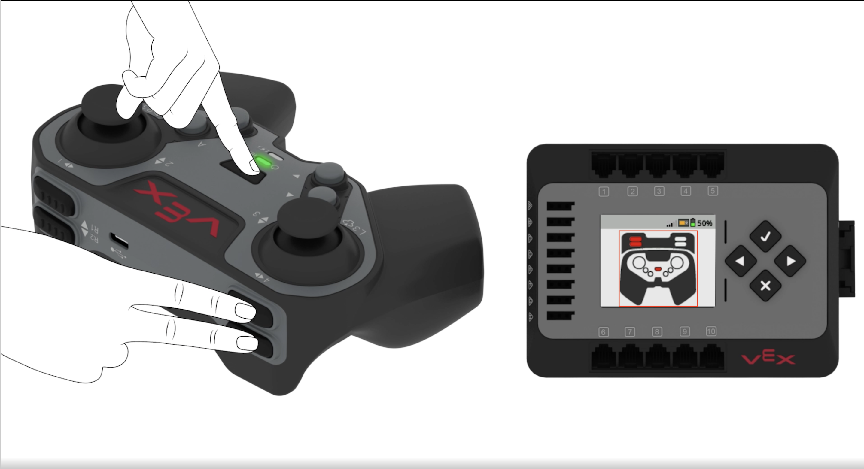 La schermata Brain viene visualizzata dopo aver selezionato l'opzione Link. Un diagramma sullo schermo mostra il Controller con i pulsanti L1, L2 e Power evidenziati. Sono mostrate due mani che premono i pulsanti evidenziati su un controller situato accanto al cervello.