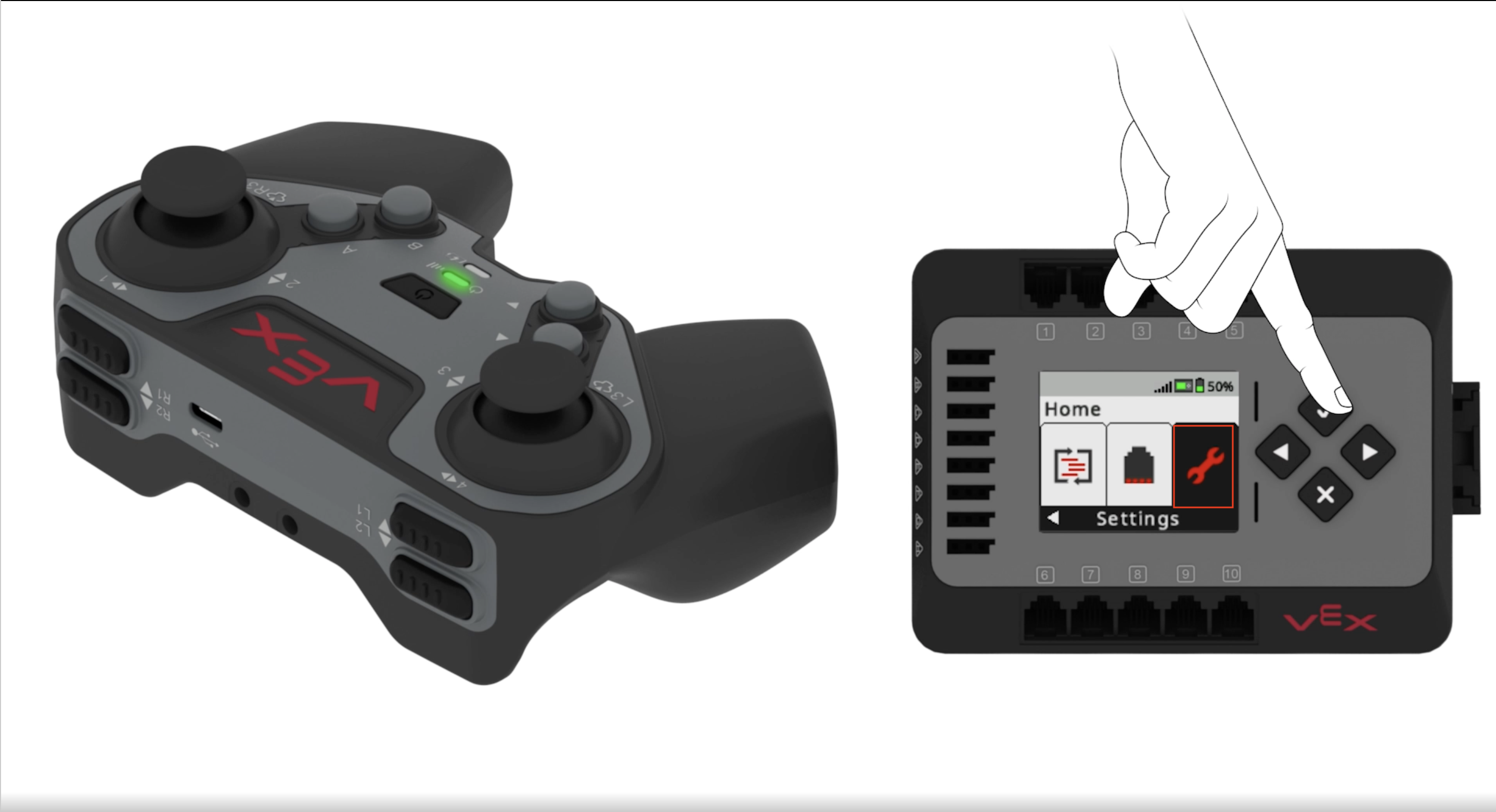 La pantalla del cerebro se muestra en el menú Inicio con la opción Configuración seleccionada. Se muestra una mano presionando el botón Comprobar.
