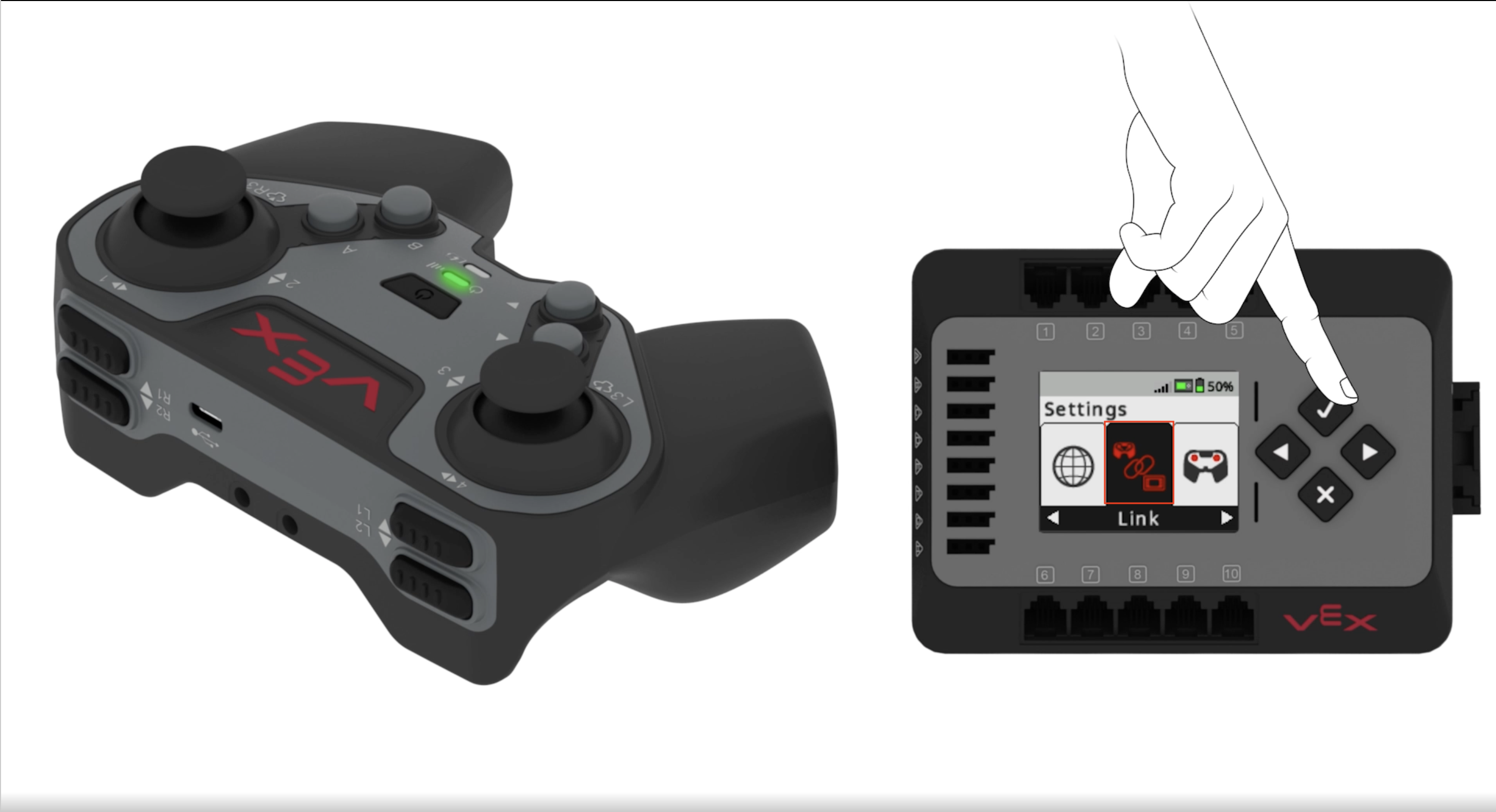 La pantalla del cerebro se muestra en el menú Configuración con la opción Enlace seleccionada. El enlace es la segunda opción en el menú Configuración. Se muestra una mano presionando el botón Comprobar.