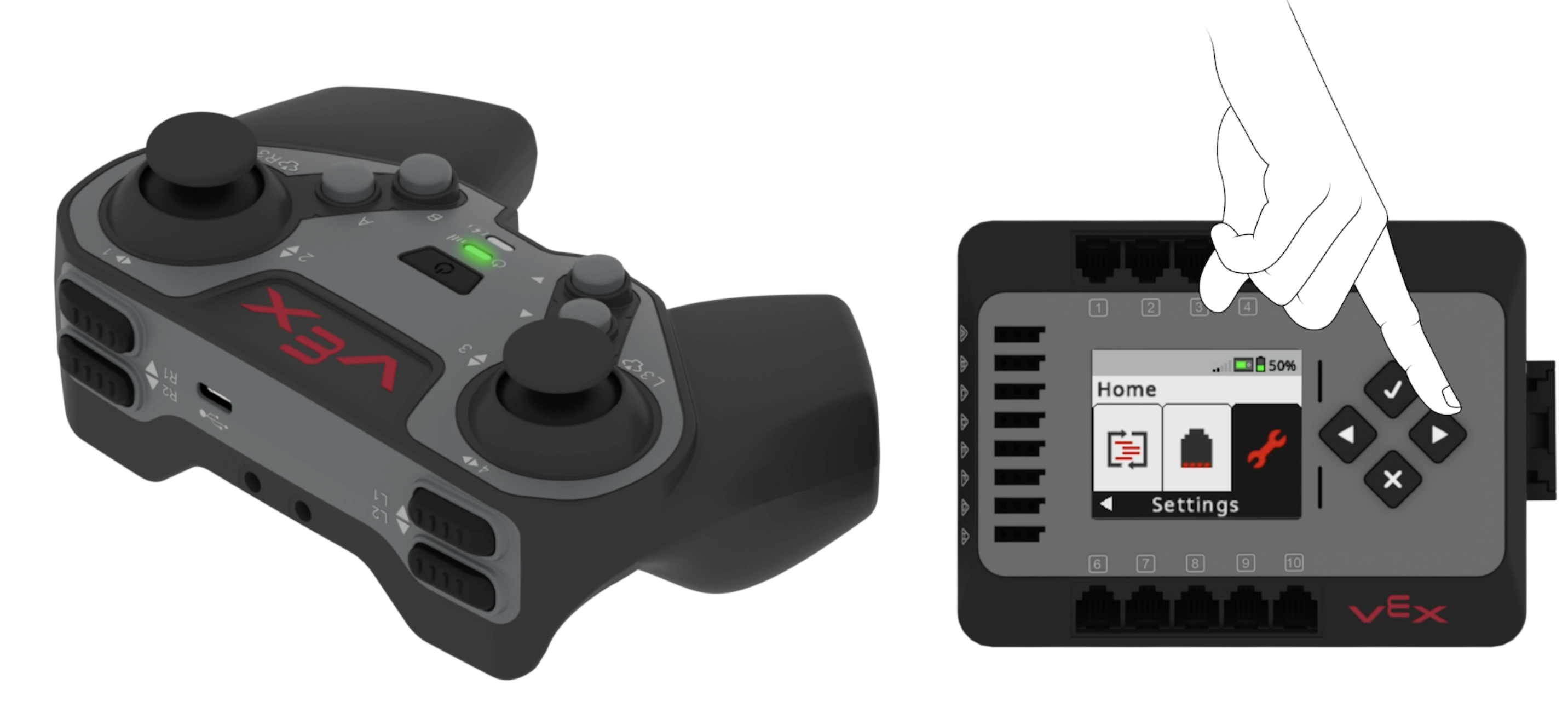 La pantalla del cerebro se muestra en el menú Inicio con la opción Configuración seleccionada. La configuración es la cuarta opción en el menú Inicio. Se muestra una mano presionando el botón de flecha derecha.