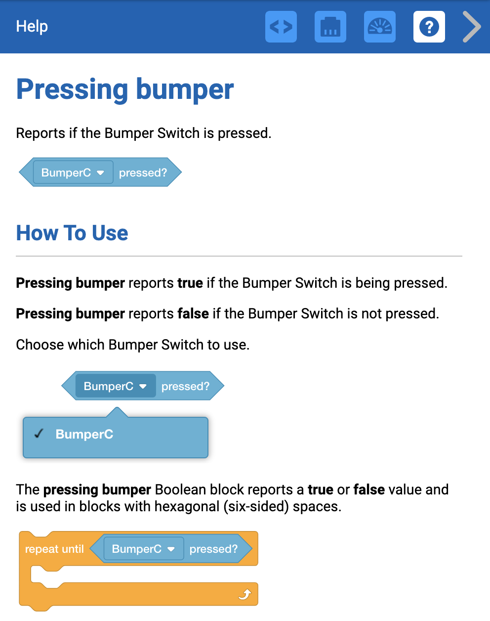 VEXcode EXP ar atvērtu palīdzības izvēlni un atlasītu bloku “Pressing Bumper”. Bloka apraksti un tā lietošanas veidi ir parādīti kopā ar attēlu piemēriem.