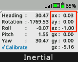 La schermata Brain è visualizzata con il pannello di controllo del sensore inerziale aperto e con i valori di accelerazione sugli assi x, y e z evidenziati. Questi valori sono etichettati come ax, ay e az nella Dashboard.