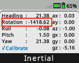 Der Bildschirm „Gehirn“ wird angezeigt, wobei das Inertialsensor-Dashboard geöffnet und der Rotationswert hervorgehoben ist. Der Rotationswert beträgt -1418,62.
