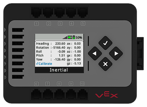 สมองจะแสดงพร้อมกับ Inertial Sensor Dashboard ที่เปิดจากเมนูอุปกรณ์ แสดงข้อมูลเซนเซอร์เฉื่อยดังต่อไปนี้: ทิศทาง การหมุน การหมุน การเอียง การเอียง การสอบเทียบ การเร่งความเร็วบนแกน x, y และ z และอัตราการหมุนบนแกน x, y และ z