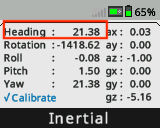 หน้าจอสมองจะแสดงโดยมี Inertial Sensor Dashboard เปิดอยู่และมีการเน้นค่า Heading ไว้ ค่าหัวเรื่องอยู่ที่ 21.38