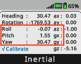 หน้าจอสมองจะแสดงพร้อม Inertial Sensor Dashboard ที่เปิดอยู่และมีการเน้นค่า Roll, Pitch และ Yaw