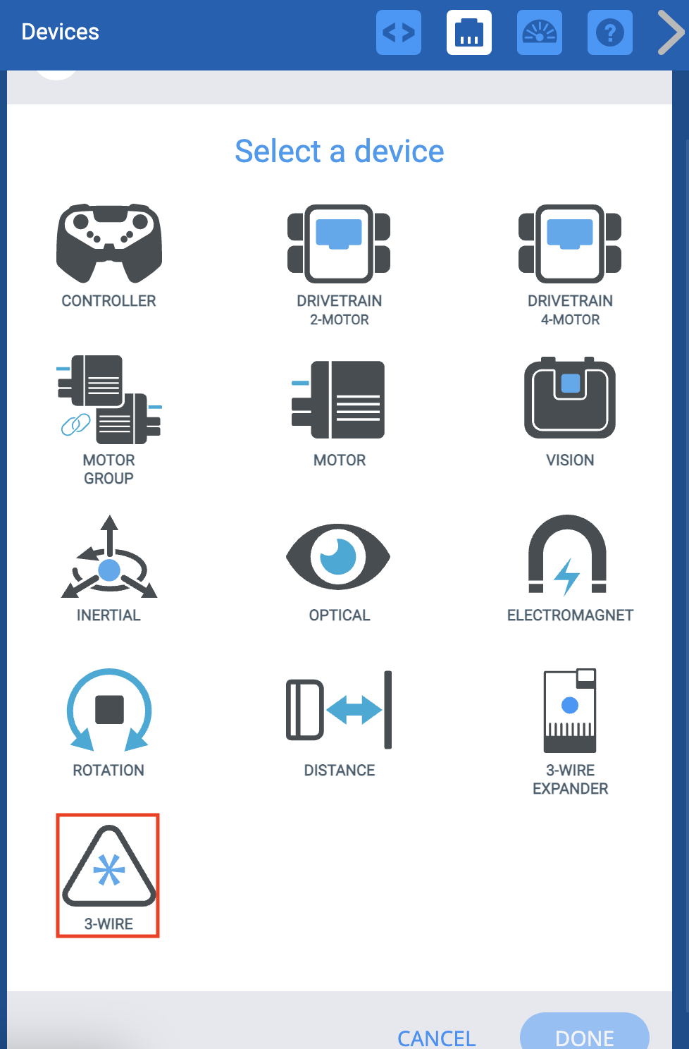 Құрылғы қосу түймесі таңдалғаннан кейін VEXcode EXP құрылғылары мәзірі. 3 сым опциясы бөлектелген.
