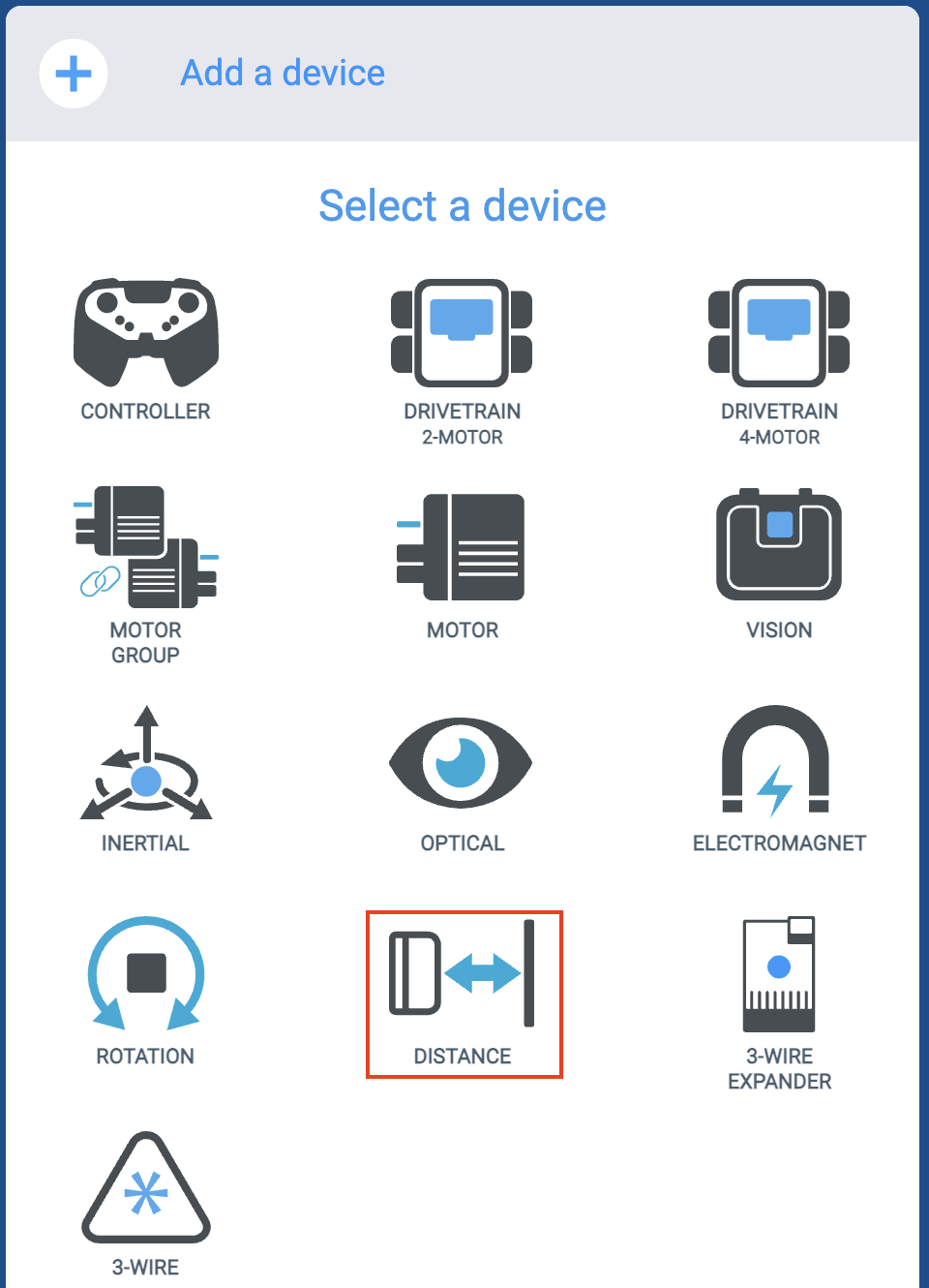 Menu VEXcode EXP Devices après avoir sélectionné le bouton Ajouter un périphérique. L'option Distance est mise en évidence.