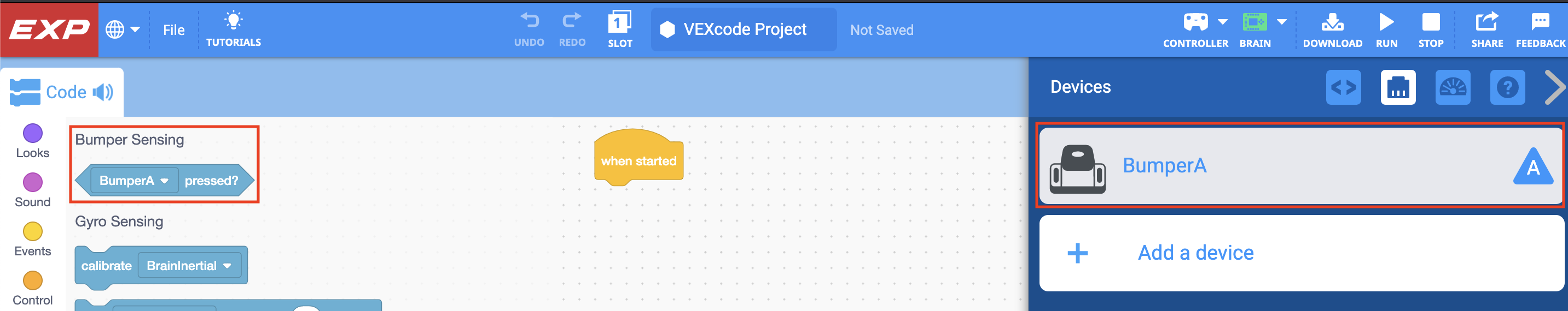 Screenshot di VEXcode EXP con il menu Dispositivi aperto. Un Bumper Switch collegato viene elencato ed evidenziato nel menu Dispositivi. La casella degli strumenti dei blocchi è aperta e la categoria di blocchi Rilevamento paraurti è evidenziata.