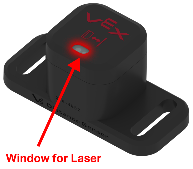 Pezzo del sensore di distanza con la finestra di rilevamento evidenziata. La finestra è leggermente inserita nella parte anteriore del sensore. Un'etichetta riporta la scritta "Finestra per laser".