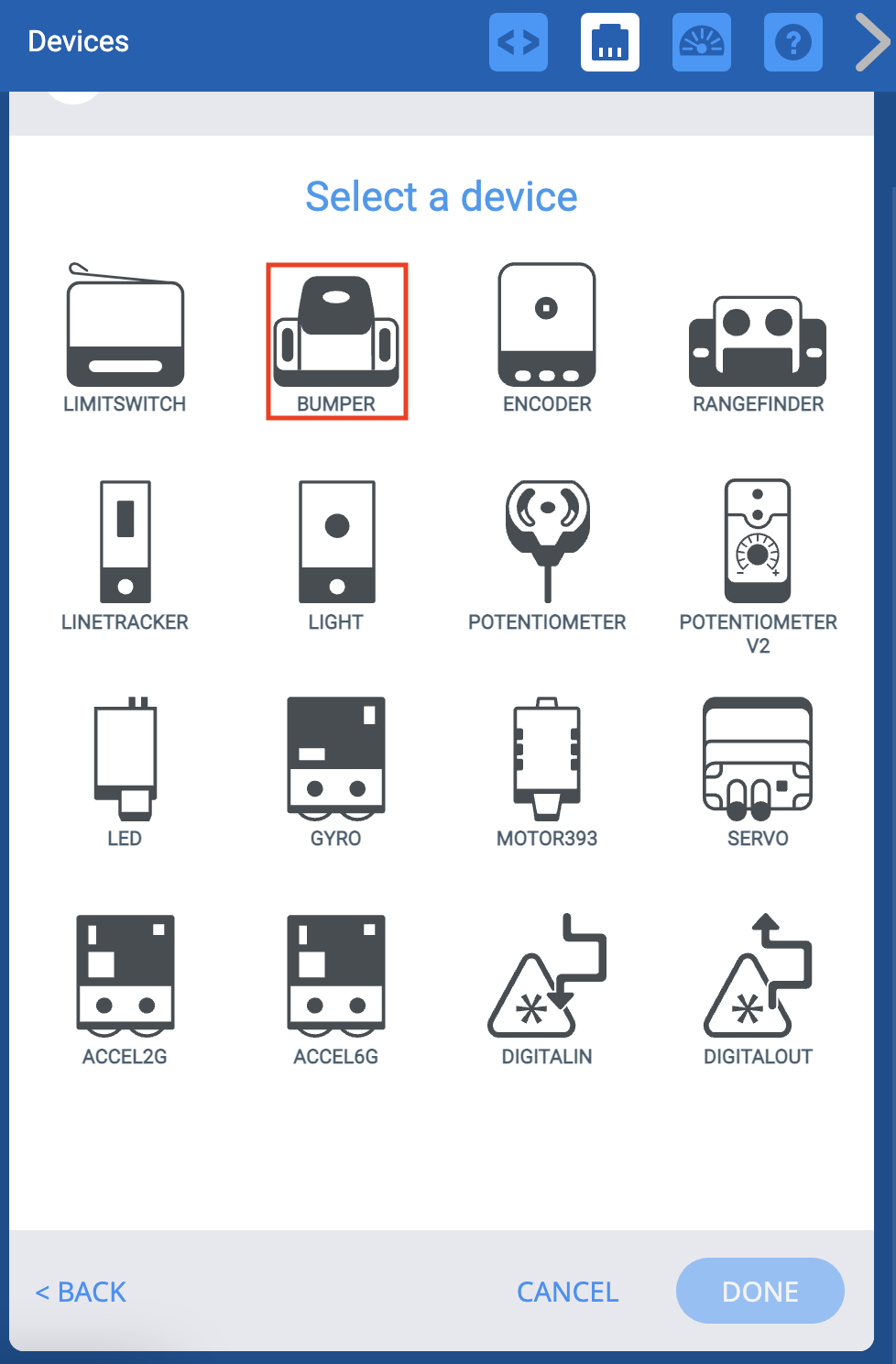 3 വയർ ഓപ്ഷൻ തിരഞ്ഞെടുത്തതിനുശേഷം VEXcode EXP Devices മെനു. ബമ്പർ ഓപ്ഷൻ ഹൈലൈറ്റ് ചെയ്തിരിക്കുന്നു.