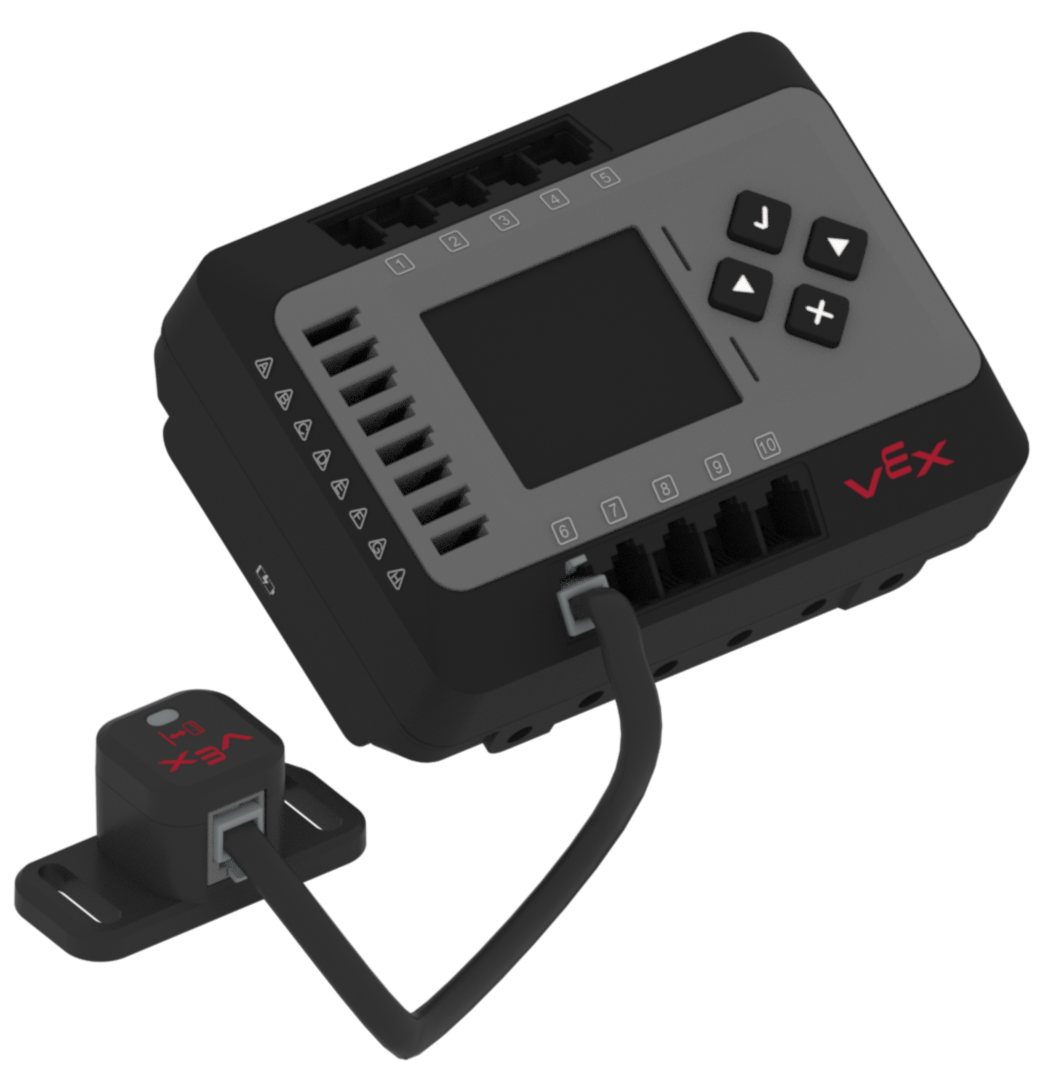 رسم تخطيطي لدماغ EXP متصل بمستشعر مسافة VEX.