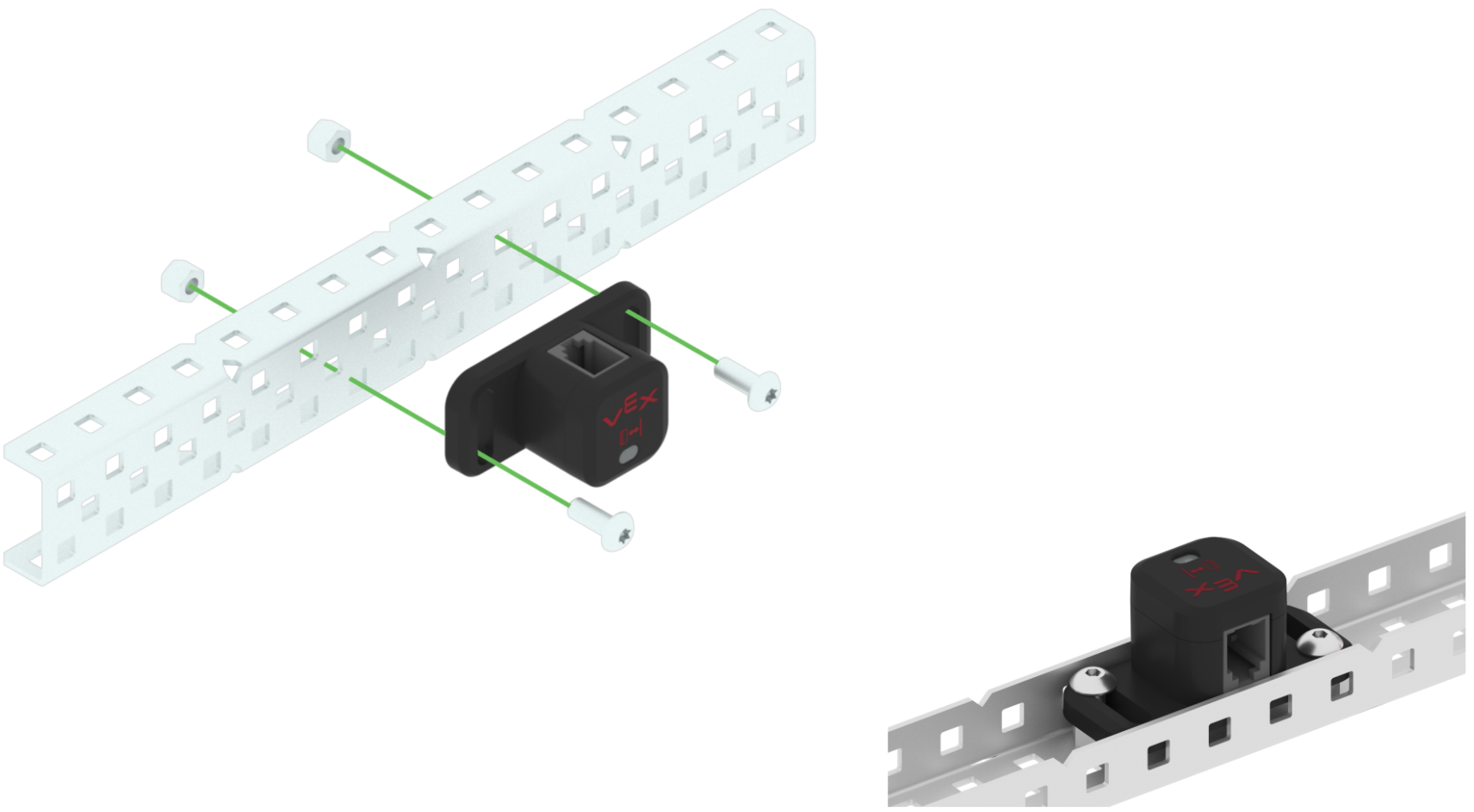 Diagrama de un sensor de distancia que se fija a una pieza de soporte con dos tornillos.