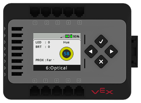 Het hersenscherm wordt weergegeven met het dashboard met de optische sensor geopend via het menu Apparaten. Er wordt informatie over de sensor weergegeven, zoals de tint, LED, helderheid, nabijheid en de Smart Port van de sensor.