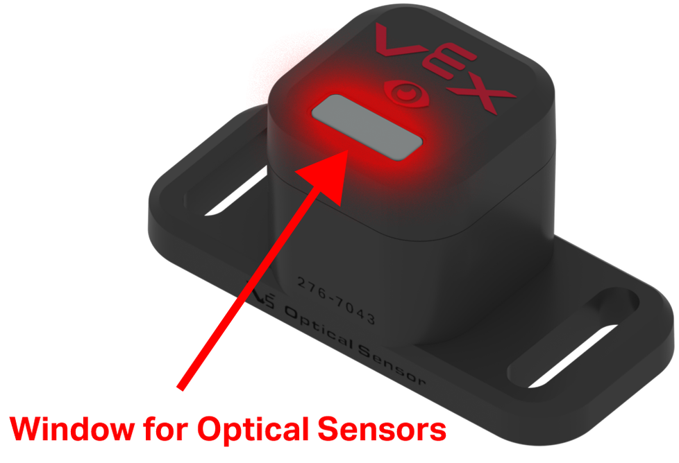 Sensor ótico com a janela de deteção destacada. A janela está ligeiramente inserida na parte frontal do sensor. A janela está etiquetada como "Janela para Sensores Ópticos".