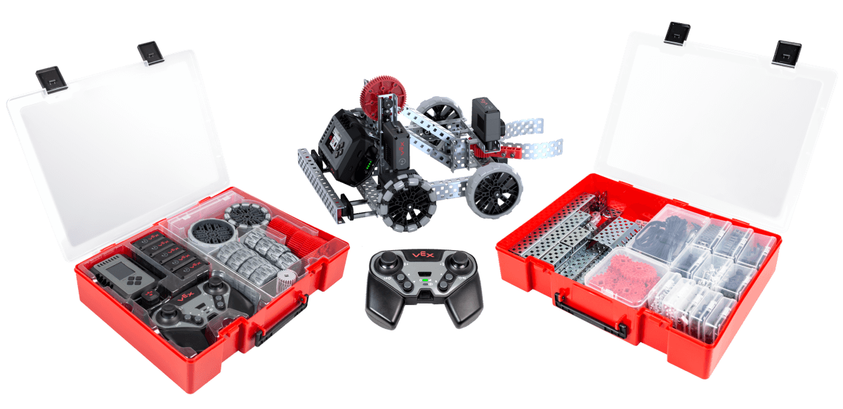 VEX EXP キットの製品画像。 EXP ストレージ ビンは 2 つあり、1 つは左側に電子機器とモーション用、もう 1 つは右側に構造部品とツール用です。 構築された VEX EXP クローボットの横に EXP コントローラーが表示されます。