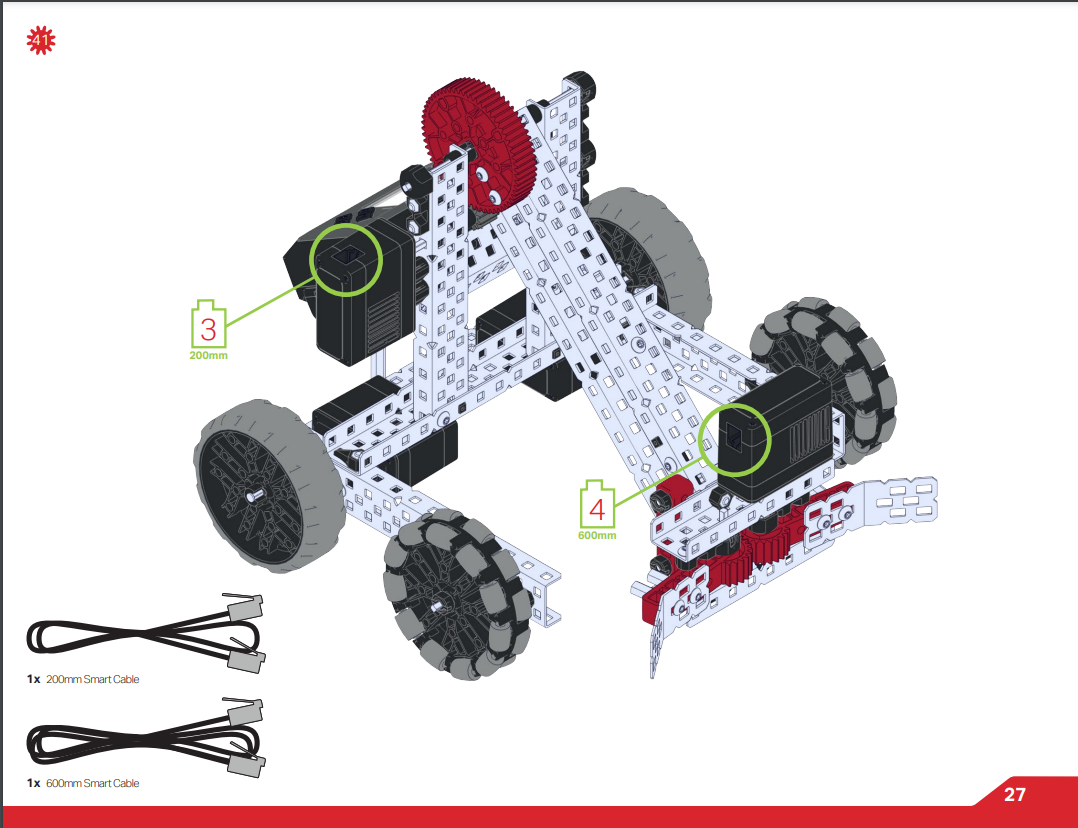 A titolo di esempio viene mostrato il passaggio delle istruzioni di compilazione. In questa fase, i cavi collegano un cervello a due motori intelligenti e vengono annotate le porte intelligenti. I numeri indicano la porta specifica per ciascun motore, uno nella porta 3 e uno nella porta 4.