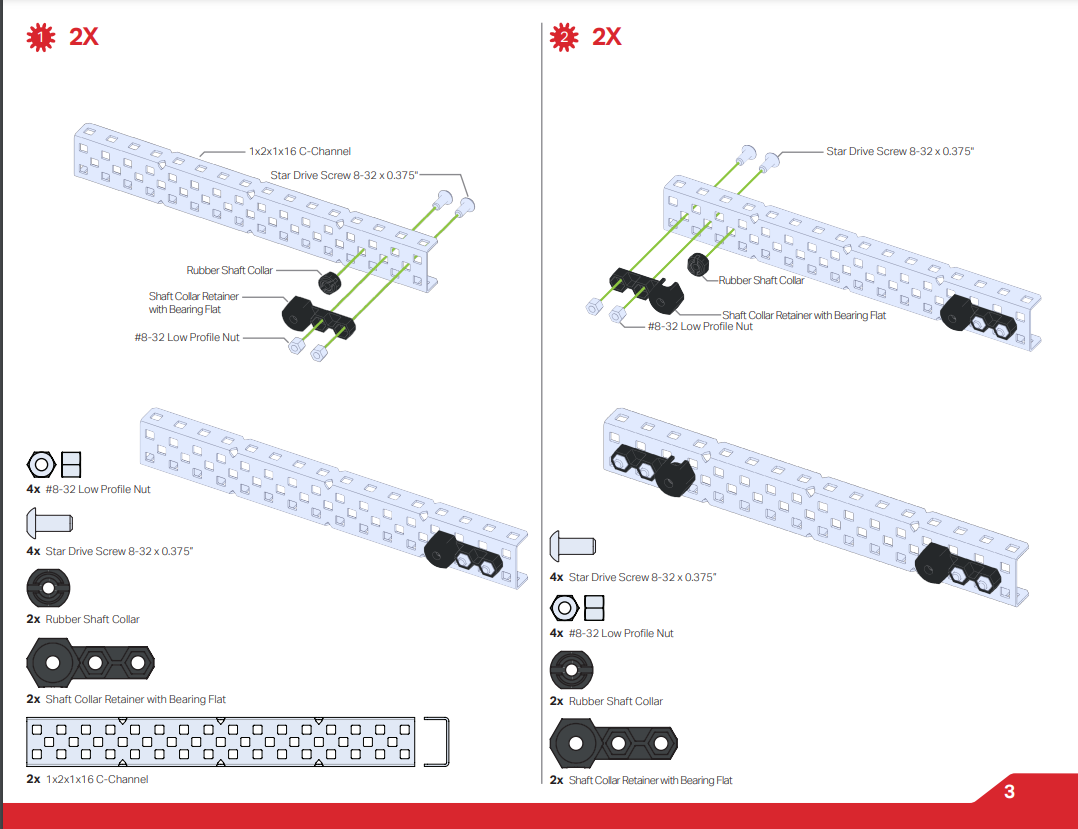 নির্মাণের নির্দেশিকা ধাপটি উদাহরণ হিসেবে দেখানো হয়েছে। এই ধাপে, রাবার শ্যাফ্ট কলারগুলি স্ক্রু এবং লো প্রোফাইল নাট ব্যবহার করে একটি স্ট্রাকচার পিসের সাথে সংযুক্ত করা হয়। প্রতিটি টুকরোর সঠিক অবস্থান প্রদর্শনের জন্য নির্দেশিকায় সবুজ রেখা ব্যবহার করা হয়েছে।