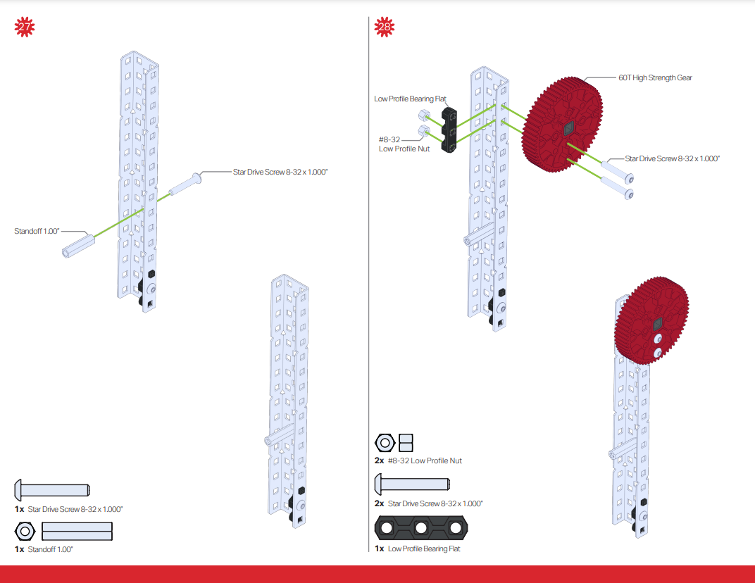 Az építési utasítás lépése példaként látható. Ebben a lépésben egy fogaskereket rögzítenek a szerkezeti elem közelebbi oldalához hajtócsavarok segítségével.