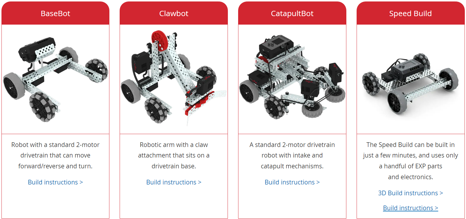 Captura de pantalla del sitio web de VEX EXP Builds, que muestra una fila de 4 instrucciones diferentes de EXP Build. Se muestran BaseBot, Clawbot, CatapultBot y Speed Build.
