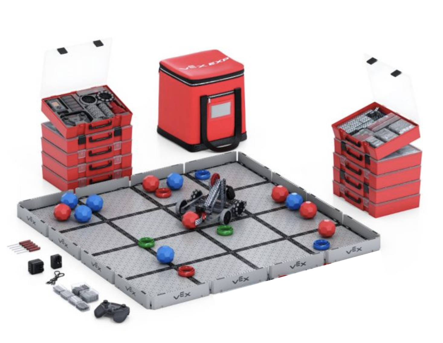 Productafbeelding voor de VEX EXP Classroom Bundle, waarbij de inhoud ervan opgeslagen in de kits en de koffer wordt getoond. Voor de opslagsets staat een veld opgesteld met een EXP Clawbot en spelstukken erop.