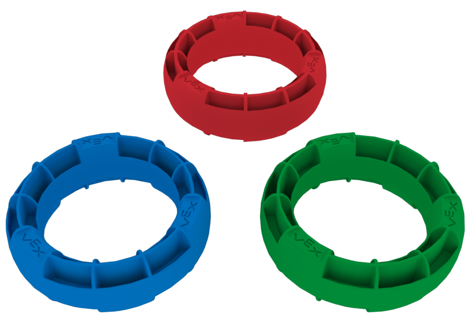 Er worden 3 VEX EXP-ringstukken getoond: één blauwe ring, één rode ring en één groene ring.