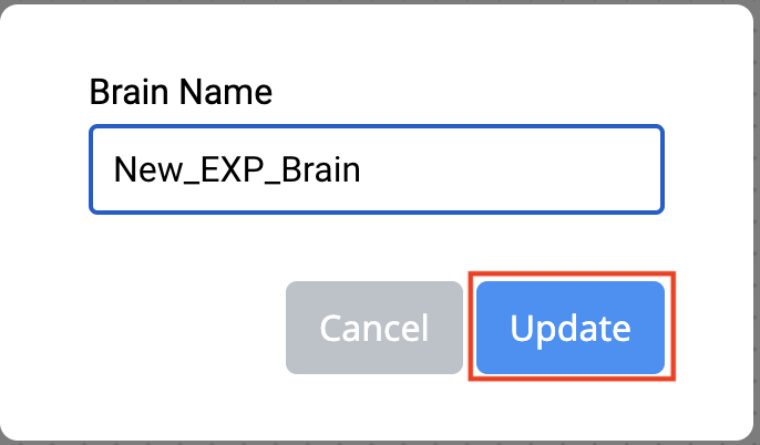 പേര് മാറ്റാൻ കഴിയുന്ന VEXcode EXP ബ്രെയിൻ നെയിം മെനു തുറന്നു. ഈ ഉദാഹരണത്തിൽ, New_EXP_Brain എന്ന് വായിക്കുന്ന ഒരു പേര് നൽകിയിട്ടുണ്ട്. താഴെയുള്ള അപ്ഡേറ്റ് ബട്ടൺ ഹൈലൈറ്റ് ചെയ്തിരിക്കുന്നു.
