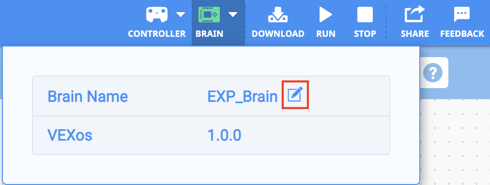 VEXcode EXP с подключенным Мозгом и открытым выпадающим меню Мозга. В меню выделена кнопка редактирования рядом с именем Мозга.