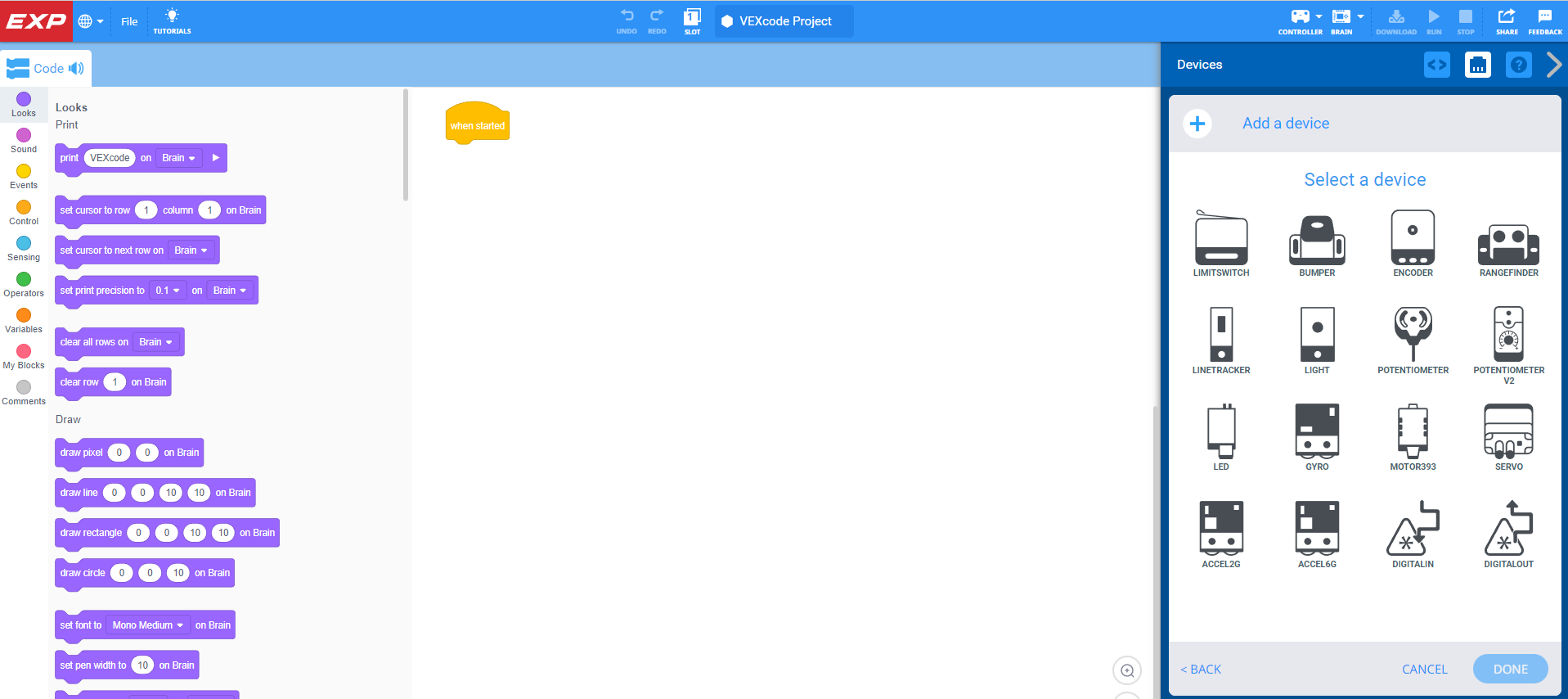 VEXcode EXP wordt weergegeven met het menu Apparaten geopend en de knop Apparaat toevoegen geselecteerd. Er is een lijst met apparaten die met EXP gebruikt kunnen worden, waaronder EXP-elektronica en Cortex-elektronica.
