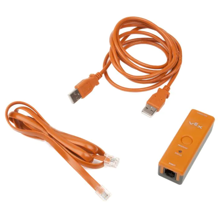 Kit de hardware de programação VEX Cortex contendo dois cabos e um módulo de programação.