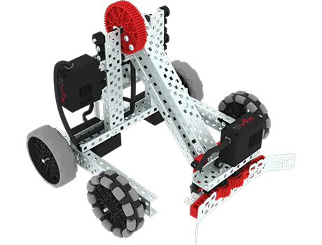 VEX EXP Clawbot konstrukcijos kampinis vaizdas.